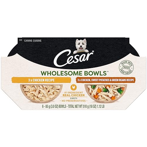 CESAR WHOLESOME BOWLS Adult Wet Dog Food, Chicken Recipe and Chicken, Sweet Potatoes & Green Beans Recipe Variety Pack, 3 oz., Pack of 6