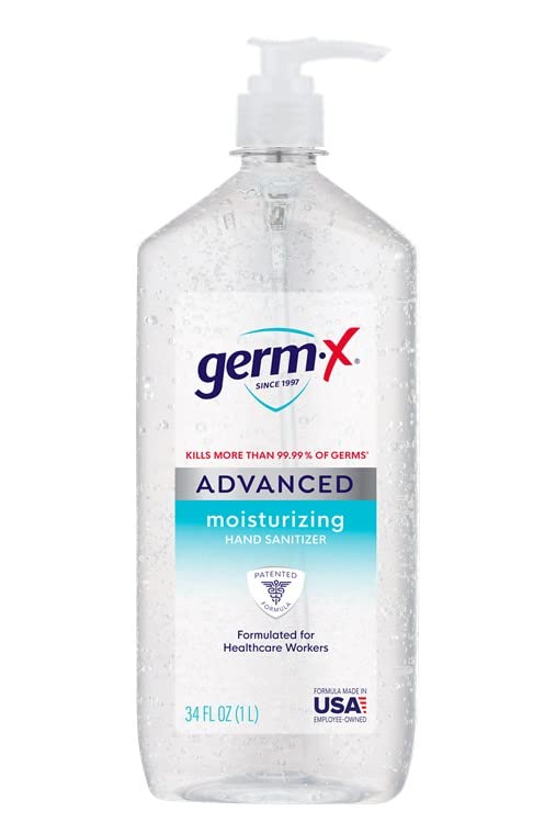 Germ-x Advanced Hand Sanitizer, Non-Drying Moisturizing Clear Gel, Instant and No Rinse Formula, Large Family Size Pump Bottle, Back to School Supplies, 34 Fl Oz (1 Liter)