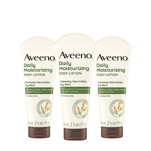 Aveeno Daily Moisturizing Body Lotion, Gentle Lotion Nourishes Dry Skin With Moisture, Soothing Prebiotic Oat, Fragrance-Free, Non-Comedogenic, Travel-Size, Pack of Three, 3 x 2.5 fl. oz