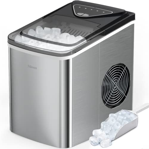 Silonn Ice Maker Countertop, 9 Cubes Ready in 6 Mins, 26lbs in 24Hrs, Self-Cleaning Ice Machine with Ice Scoop and Basket, 2 Sizes of Bullet Ice for Home Kitchen Office Bar Party