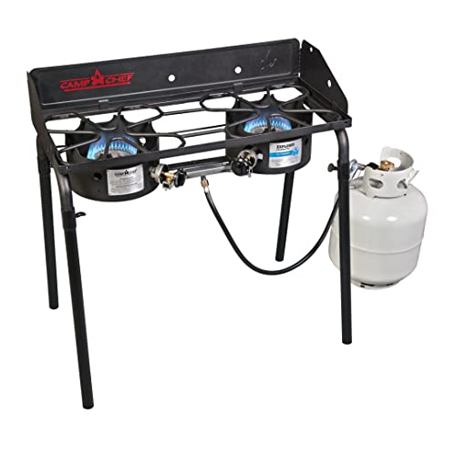 Camp Chef Explorer, Two Burner Stove, Two 30,000 BTUs cast-aluminum burners, Cooking Dimensions 14 in. x 32 in