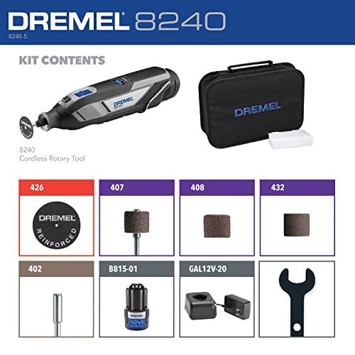 Dremel 8240 12V Cordless Rotary Tool Kit with Variable Speed and Comfort Grip - Includes 2AH Battery Pack, Charger, 5 Accessories & Wrench, Tool Fabric Carry Bag, and Instruction Manual