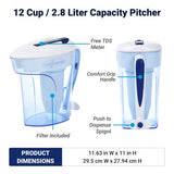 ZeroWater 12-Cup Ready-Pour 5-Stage Water Filter Pitcher 0 TDS for Improved Tap Water Taste - NSF Certified to Reduce Lead, Chromium, and PFOA/PFOS