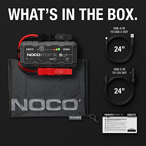 NOCO Boost X GBX75 2500A 12V UltraSafe Portable Lithium Jump Starter, Car Battery Booster Pack, USB-C Powerbank Charger, and Jumper Cables for up to 8.5-Liter Gas and 6.5-Liter Diesel Engines