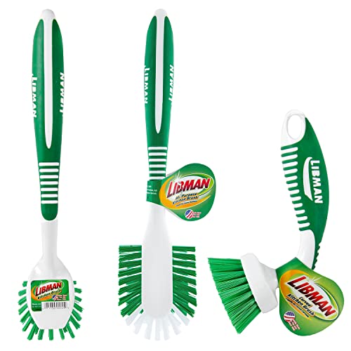 Libman Kitchen Brush Kit | Cleaning Brush | Kitchen Brush | Curved Kitchen Brush | All-Purpose Kitchen Brush | Bottle Brush | Dish Scrubber | Pot & Pan Scrubber | 3 Different Brushes Included