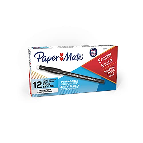 Paper Mate EraserMate Erasable Pen, Medium Point, Blue, Box of 12