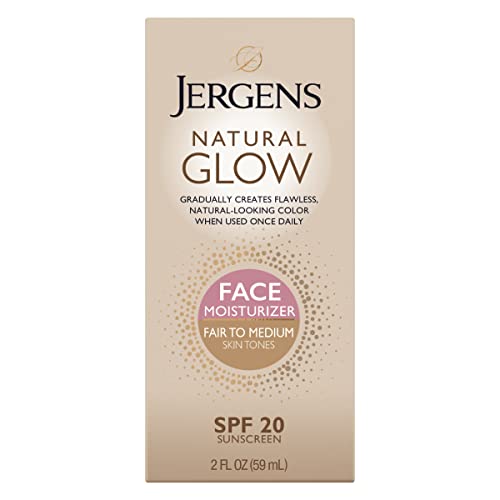 Jergens Natural Glow Self Tanner Face Moisturizer, SPF 20 Facial Sunscreen, Medium to Deep Skin Tone, Sunless Tanning, Oil Free, Broad Spectrum Protection UVA and UVB, 2 oz (Packaging May Vary)