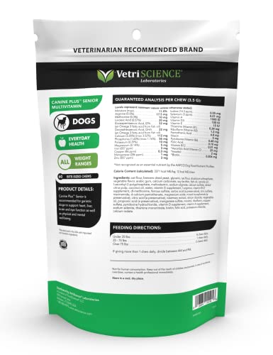 VETRISCIENCE Canine Plus MultiVitamin for Senior Dogs - Vet Recommended Vitamin Supplement - Supports Mood, Skin, Coat, Liver Function, 60 Chews (Packaging May Vary)