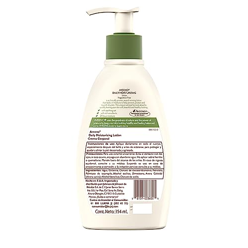 Aveeno Daily Moisturizing Body Lotion with Soothing Prebiotic Oat, Gentle Lotion Nourishes Dry Skin With Moisture, Paraben-, Dye- & Fragrance-Free, Non-Greasy & Non-Comedogenic, 12 fl. oz