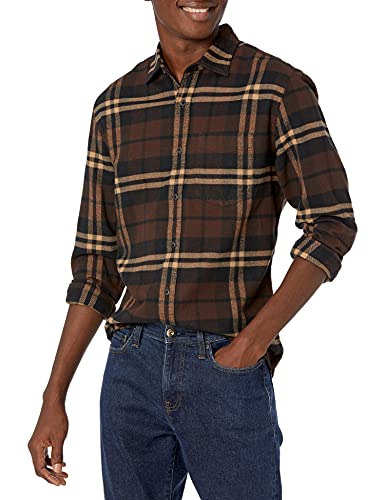 Amazon Essentials Men's Long-Sleeve Flannel Shirt (Available in Big & Tall), Dark Brown Plaid, X-Small