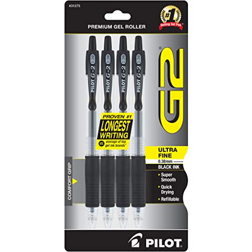 Pilot, G2 Premium Gel Roller Pens, Ultra Fine Point 0.38 mm, Pack of 4, Black, Blue, Green, Red