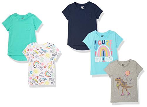 Amazon Essentials Toddler Girls' Short-Sleeve T-Shirt Tops (Previously Spotted Zebra), Pack of 5, Aqua Green/Blue/Pink/Text Print/White Unicorn, 2T