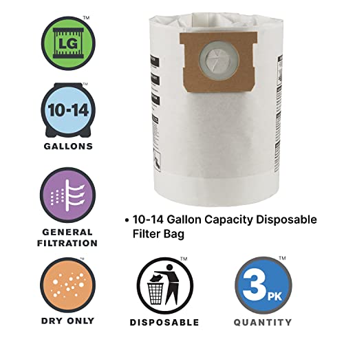 Shop-Vac 9066233, Disposable Collection Filter Bags, Fits 10-14 Gallon Tanks, White, Vacuum Filter Bags, Dry Pick Up Only, (3 Pack)