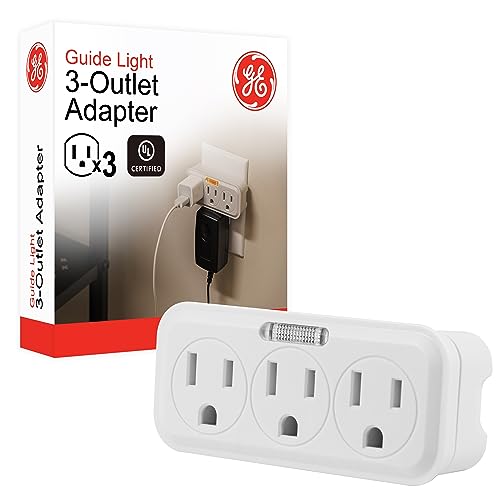 GE 3-Outlet Extender Wall Tap with Guide Light, Grounded Adapter, 3-Prong, Indoor Rated, UL Listed, White, 14494