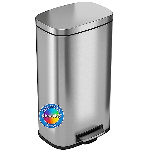 iTouchless SoftStep 5.3 Gallon Bathroom Trash Can with Removable Inner Bucket and AbsorbX Odor Filter Stainless Steel, 20 Liter Pedal Garbage Bin for Bedroom, Office Cubicle, Semi-Round, 5 Gal Step