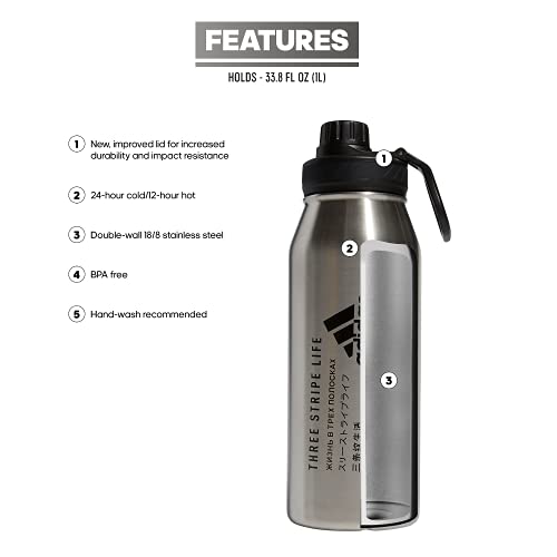 adidas Unisex 1 Liter (32 oz) Metal Water Bottle, Stainless Steel/Black, One Size