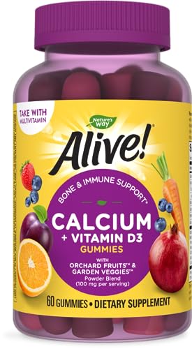 Natures Way Premium Calcium + Vitamin D3 Gummy with Orchard Fruits & Garden Veggies Powder Blend, Strawberry and Raspberry Lemonade Flavored, 60 Gummies
