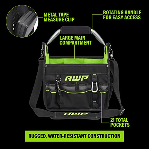 AWP 12 Inch Pro Tool Tote with Rotating Handle for Easy Tool Access, Water-Resistant Construction