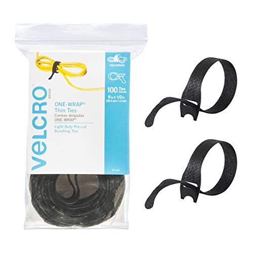 VELCRO Brand ONE-WRAP Cable Ties, 100Pk, 8 x 1/2 Black Cord Organization Straps, Thin Pre-Cut Design, Wire Management for Organizing Home, Office and Data Centers