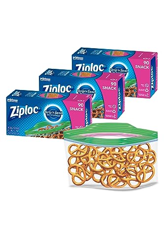 Ziploc Snack Bags, Storage Bags for On the Go Freshness, Grip n Seal Technology for Easier Grip, Open, and Close, 90 Count (Pack of 3)