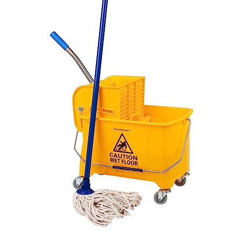 Mind Reader Mobile Heavy Duty Mop Bucket with Upward Press Wringer, 22-Quart Capacity, 16.25L x 10.75W x 24.5H, Yellow