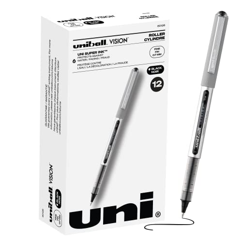 Uniball Vision Rollerball Pens, Black Pens Pack of 12, Fine Point Pens with 0.7mm Medium Black Ink, Ink Black Pen, Pens Fine Point Smooth Writing Pens, Bulk Pens, and Office Supplies