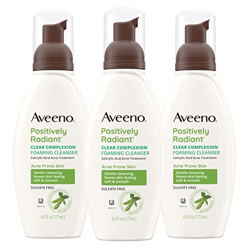 Aveeno Clear Complexion Foaming Oil-Free Facial Cleanser with Salicylic Acid Acne Medication for Breakout-Prone Skin & Soy Extracts, Hypoallergenic & Non-Comedogenic, 6 fl. oz, Pack of 3
