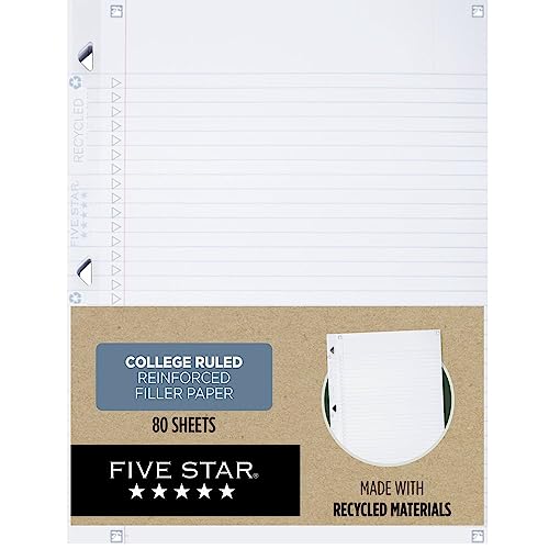 Five Star Loose Leaf Paper Plus Study App, Notebook Paper, College Ruled Filler Paper, Reinforced, Recycled, 8.5 x 11, 80 Sheets (170023),White