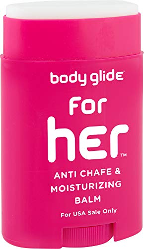 Body Glide For Her Anti Chafe Balm with added emollients. Prevent rubbing leading to chafing, raw skin, and irritation. Use for arm, chest, bra, butt, groin, and thigh, 1.5oz