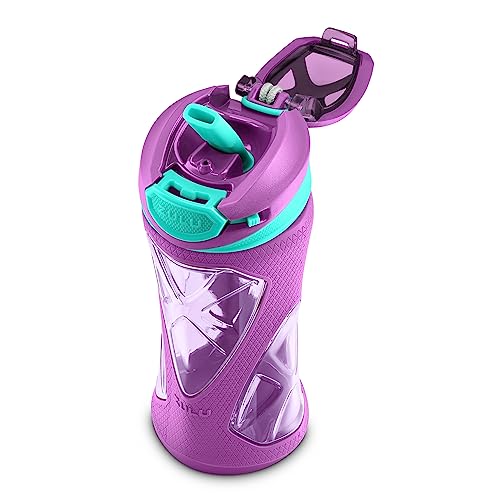 Zulu Torque 16oz Plastic Kids Water Bottle with Silicone Sleeve and Leak-Proof Locking Flip Lid and Soft Touch Carry Loop for School Backpack, Lunchbox, Outdoor Sports, Dishwasher Safe, Purple