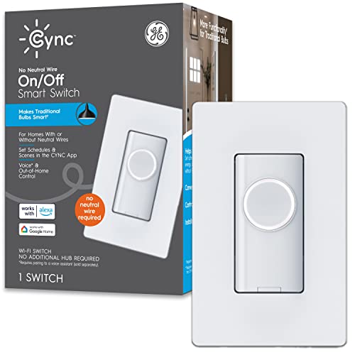 GE Lighting CYNC Smart Light Switch On/Off Paddle Style, Neutral Wire Required, Bluetooth and 2.4 GHz Wi-Fi 4-Wire Switch, Works with Alexa and Google Home (Packaging May Vary),White