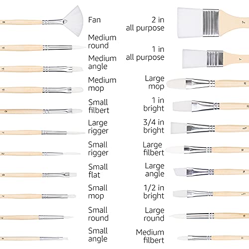 Amazon Basics Multi-shaped Nylon Paint Brushes for for Acrylic, Oil, Watercolor, Gouache, 24 Different Sizes, Wood Color