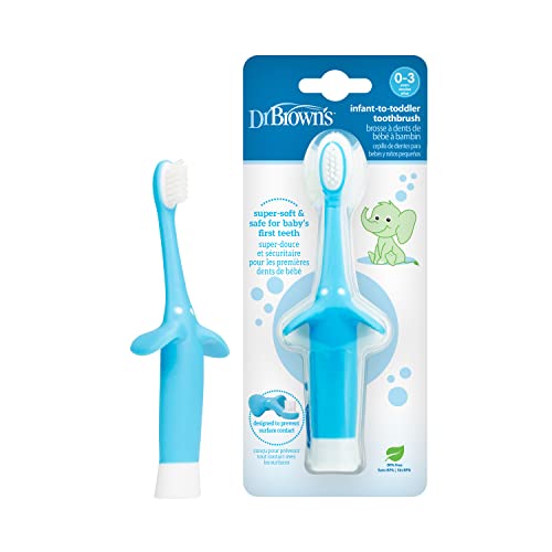 Dr. Brown’s Infant-to-Toddler Training Toothbrush Set, Blue Elephant with Fluoride-Free Apple Pear Baby Toothpaste, 0-3 years