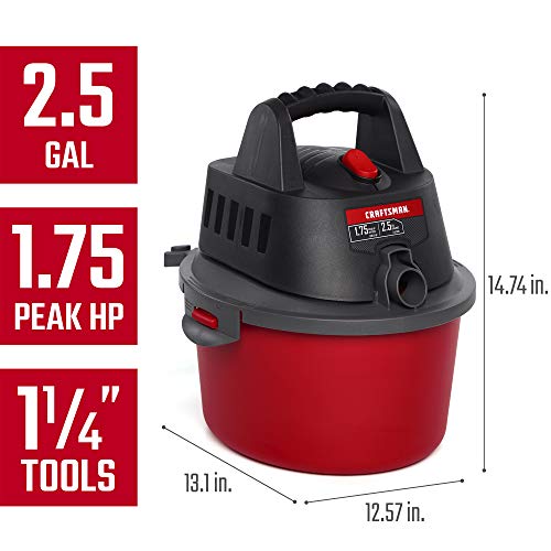 CRAFTSMAN CMXEVBE17250 2.5 Gallon 1.75 Peak HP Wet/Dry Vac, Portable Shop Vacuum with Attachments, Red, Black