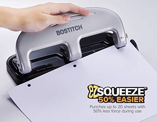 Bostitch Office EZ Squeeze 3-Hole Punch, 20 Sheet Capacity, Reduced Effort, No Jam Technology , Silver , 2 x 4.4 x 11.1