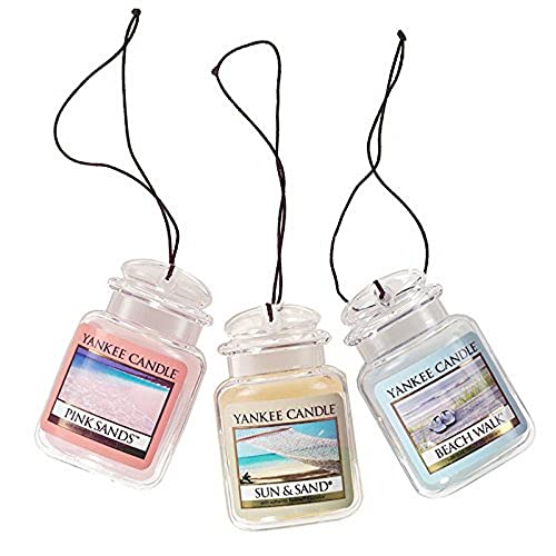 Yankee Candle Car Air Fresheners, Hanging Car Jar® Ultimate 3-Pack, Neutralizes Odors Up To 30 Days, Includes 1 Beach Walk, 1 Pink Sands, and 1 Sun and Sand (Pack of 3)
