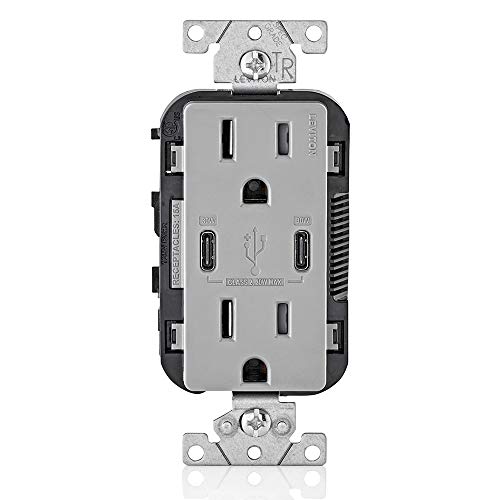Leviton T5635-G 30W (6A) USB Dual Type-C/C Power Delivery In-Wall Charger with 15A Tamper-Resistant Outlet, USB Charger for Smartphones, Tablets, Laptops, Gray