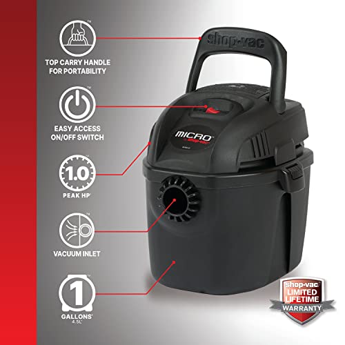 Shop-Vac 2021005, Micro Wet Dry Vacuum, 1 Gallon, 1.25 in Diameter x 4 Ft Hose, 50 CFM, (1 Pack)