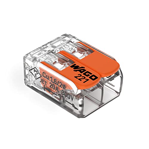 221-412 | WAGO Lever-Nuts® Splicing Connector | for Solid and Stranded Conductors | 2-Conductor with Operating levers | 24-12 AWG | Transparent housing | [Jar of 550 Pieces]
