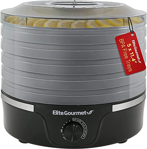 Elite Gourmet EFD319 Food Dehydrator, 5 BPA-Free 11.4" Trays Adjustable Temperature Controls, Jerky, Herbs, Fruit, Veggies, Dried Snacks, Black