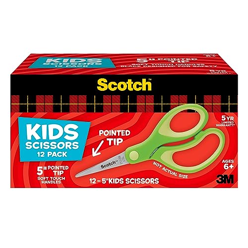 Scotch 5 Soft Touch Blunt Tip Kids Scissors, 12 Count Teacher’s Pack, Green, All-Purpose Scissors for School and Crafts (1442P-12)