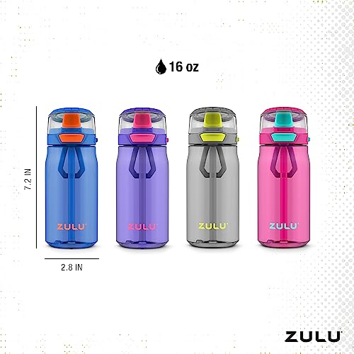 ZULU Kids Flex 16oz Tritan Plastic Water Bottle with Silicone Spout, Leak-Proof Locking Flip Lid and Soft Touch Carry Loop for School Backpack, Lunchbox, and Outdoor Sports, Blue