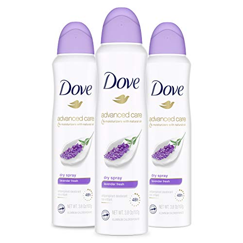 Dove Advanced Care Antiperspirant Deodorant Dry Spray 48 Hours of Sweat and Odor Protection Lavender Fresh Antiperspirant Spray With ¼ Moisturizers and 0% Alcohol, 3.8 Ounce (Pack of 3)