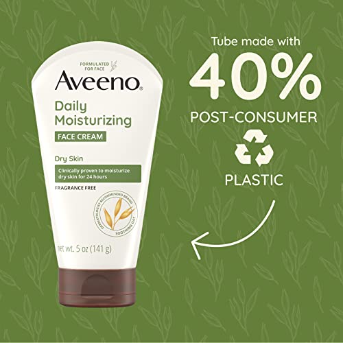 Aveeno Daily Moisturizing Fragrance-Free Prebiotic Oat Face/Facial Cream Clinically Proven to Moisturize Dry Skin for 24 Hours, Paraben-, Fragrance- & Dye-Free, 5 oz