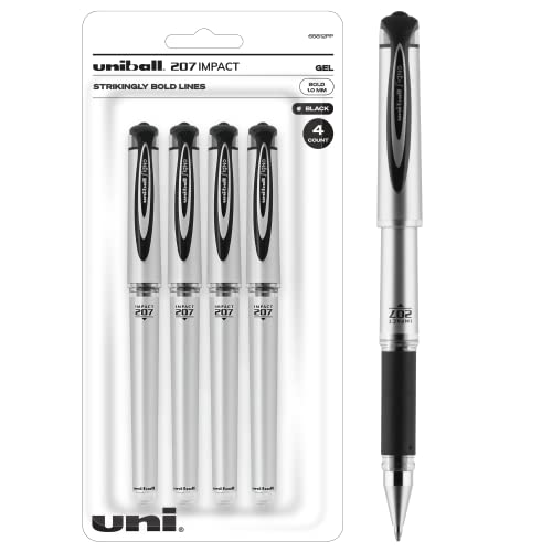 Uniball Signo 207 Impact Stick Gel Pen, 4 Black Pens, 1.0mm Bold Point Gel Pens| Office Supplies by Uni-ball like Ink Pens, Colored Pens, Fine Point, Smooth Writing Pens, Ballpoint Pens