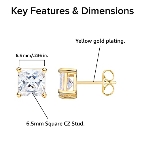 Amazon Essentials Yellow Gold Plated Sterling Silver Princess Cut Cubic Zirconia Stud Earrings (5.5mm)