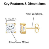 Amazon Essentials Yellow Gold Plated Sterling Silver Princess Cut Cubic Zirconia Stud Earrings (5.5mm)