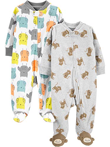 Simple Joys by Carter's Unisex Babies' Fleece Footed Sleep and Play, Pack of 2, Grey Monkey/White Owl, Newborn