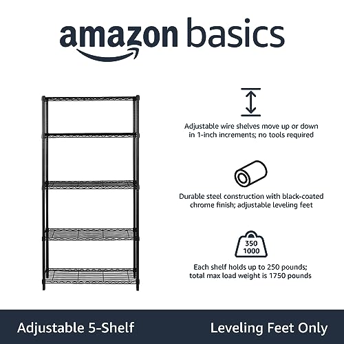 Amazon Basics 5-Shelf Adjustable, Heavy Duty Storage Shelving Unit (350 lbs loading capacity per shelf), Steel Organizer Wire Rack, Black (36L x 14W x 72H)