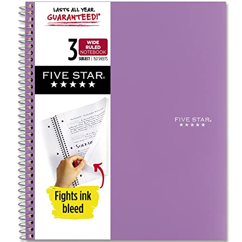 Five Star Spiral Notebook, 3 Subject, Wide Ruled Paper, 10-1/2" x 8", 150 Sheets, Black (73094)